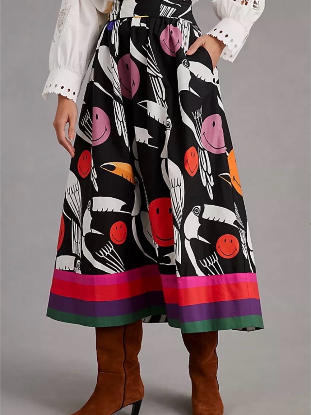 Farm Rio Black Printed Midi Skirt with Colorful Smile Motif